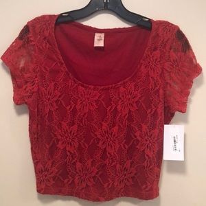 🆕❤️Lace Season! Red stretch Lace! Lined Crop Top! Short sleeve! Knit! New! M